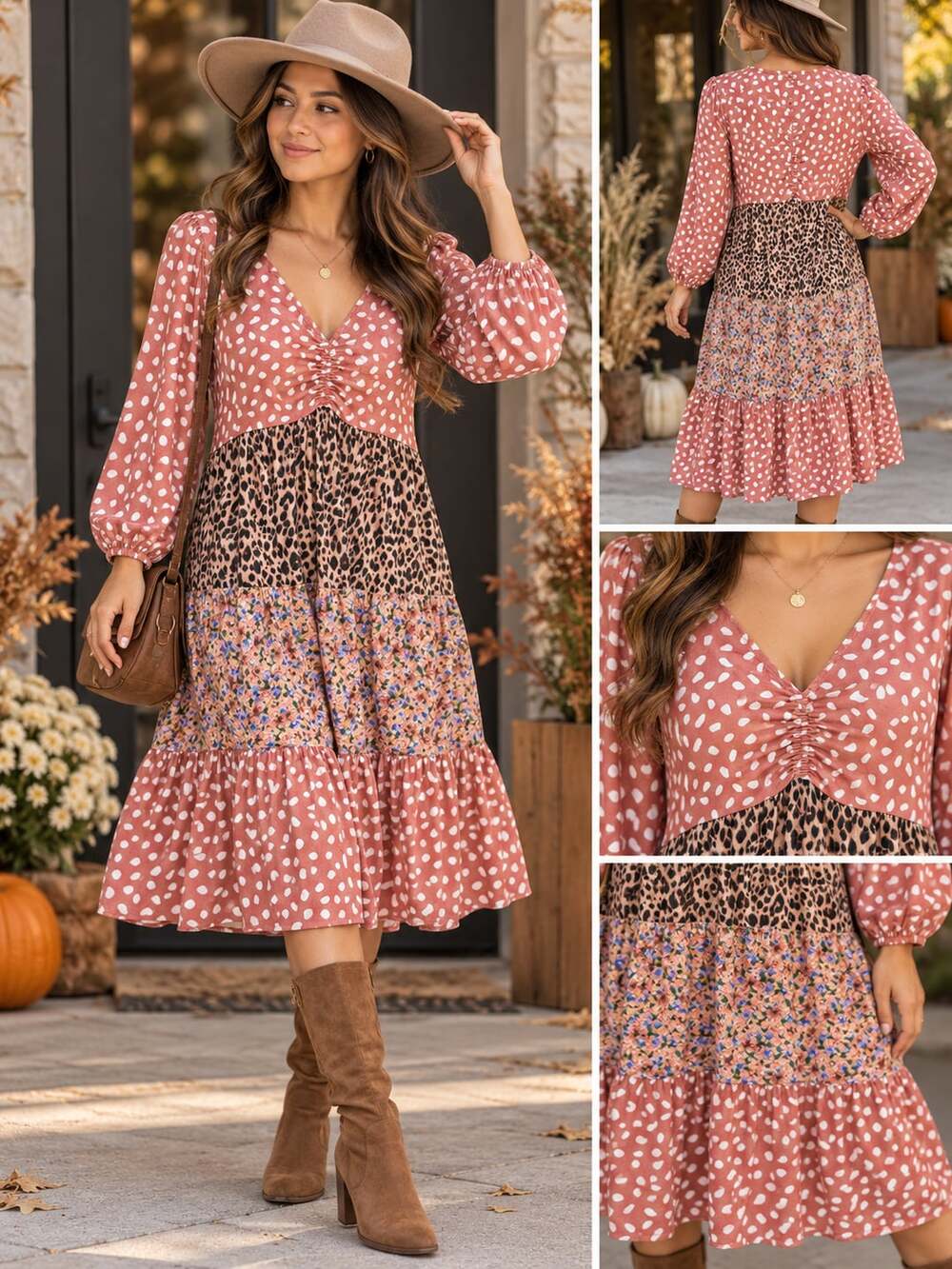 Umgee USA Patchwork Tiered Dress Size L Pink Print Leopard Floral